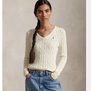 $175 Polo Ralph Lauren GRAY cotton cable knit v-neck sweater